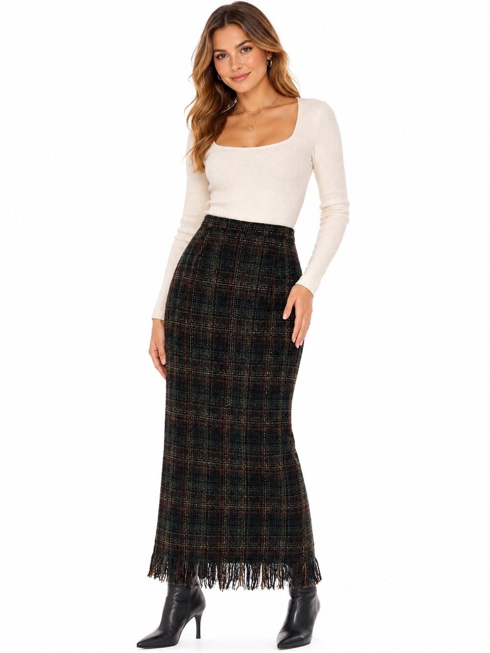 Vintage Y2K Cato Multicolored Plaid Textured Fringe Hem Pencil Maxi Skirt